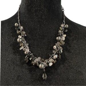 Beaded Fringe Necklace Silver Tone Black Adjusted Length